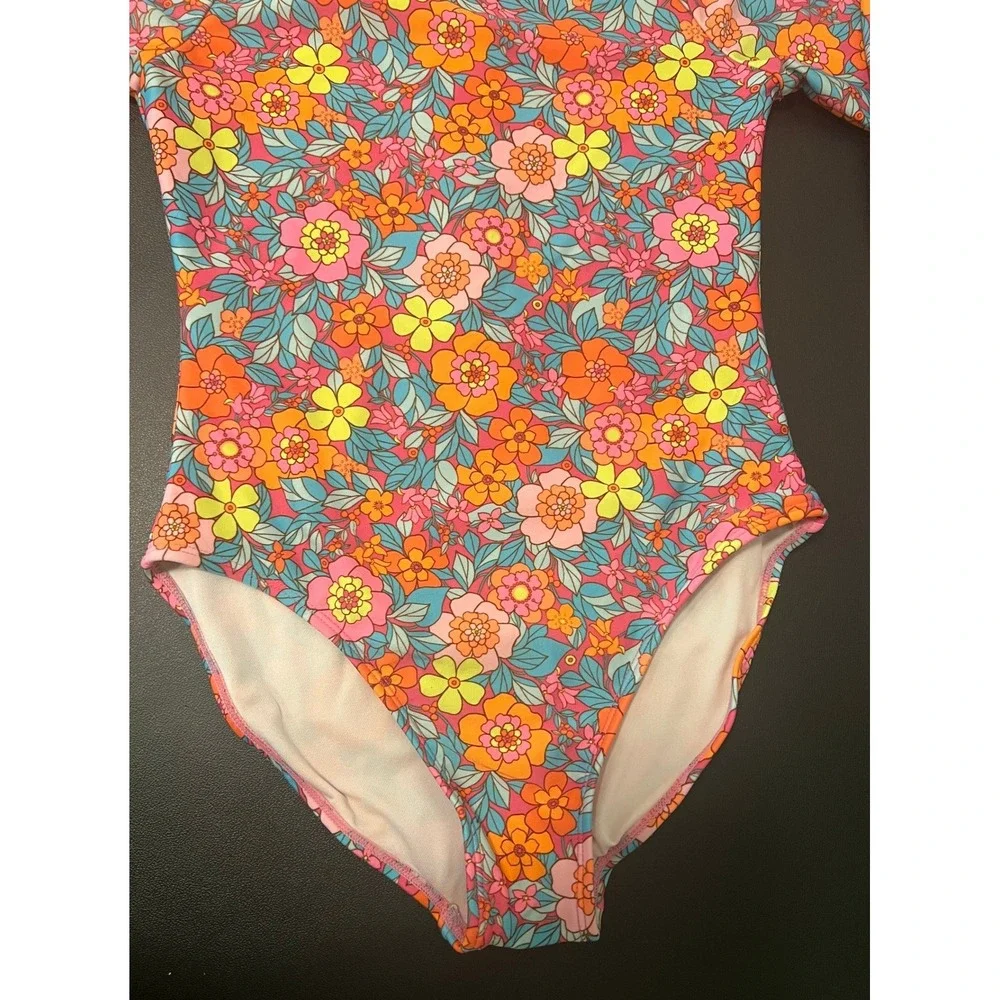 Cat & Jack Swimsuit Girls L 10/12 Pink Orange Floral Long Sleeve One Piece 1630